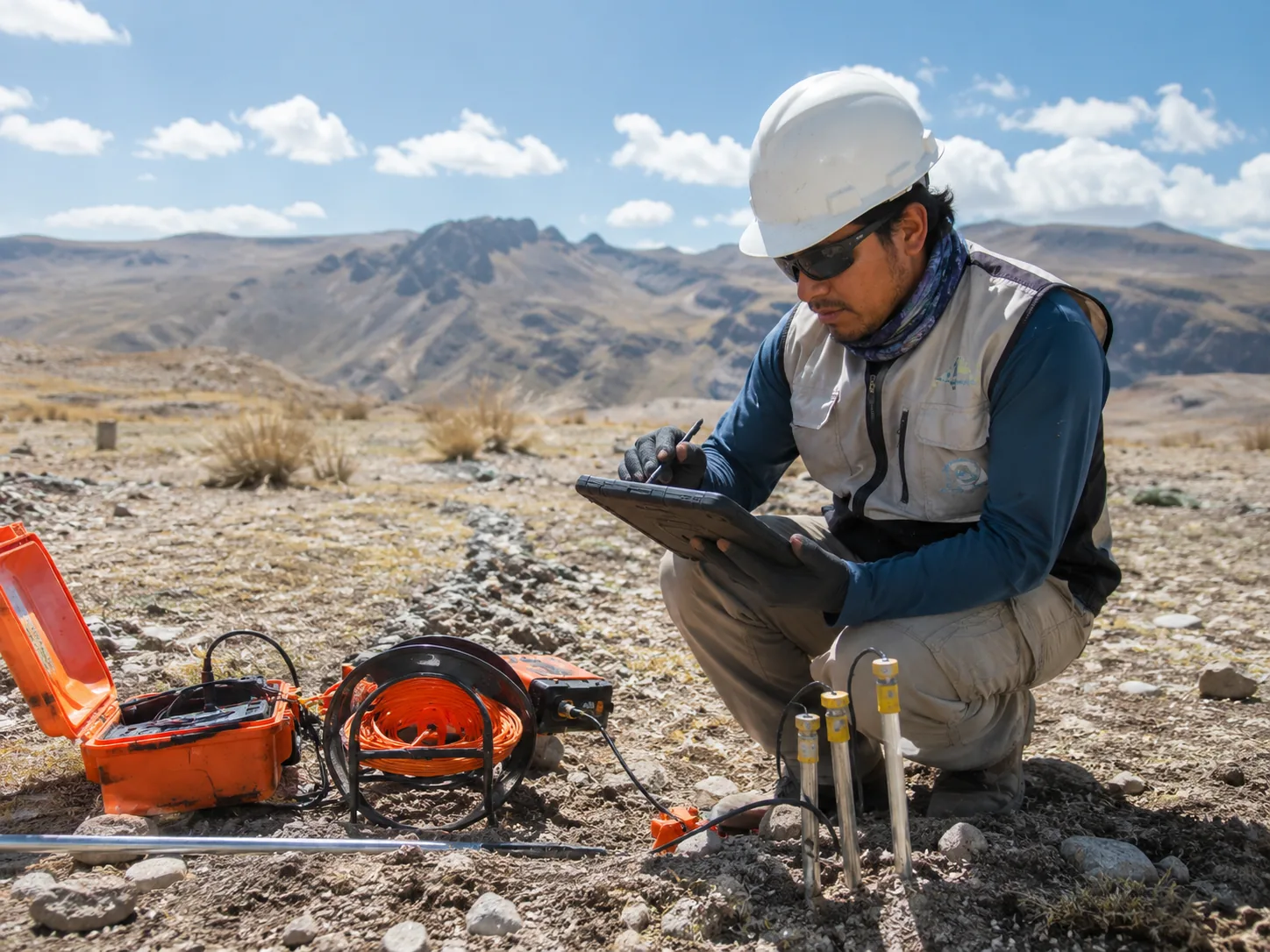 Equipo de exploración geofísica en sitio